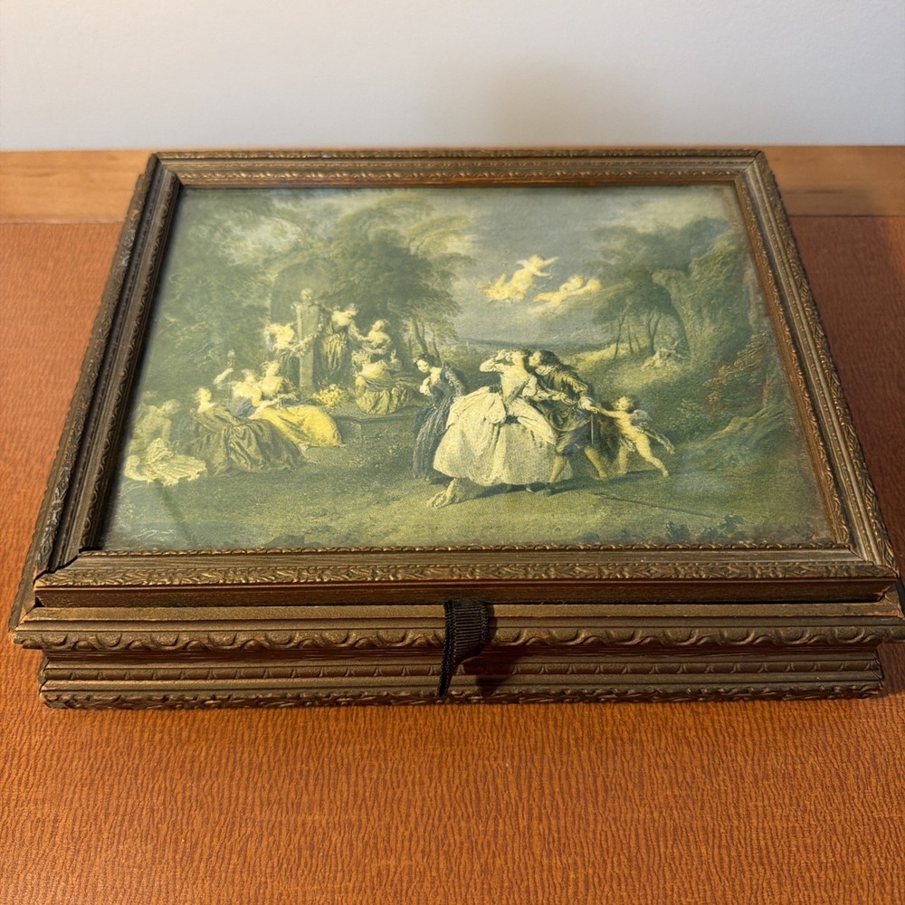 Enchanting Early Hand Carved Wood Cameo Box Mirrored Divided Ornately Crafted
